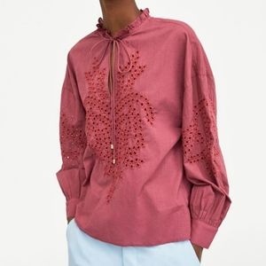 Zara Mauve eyelet tie front embroidered blouse